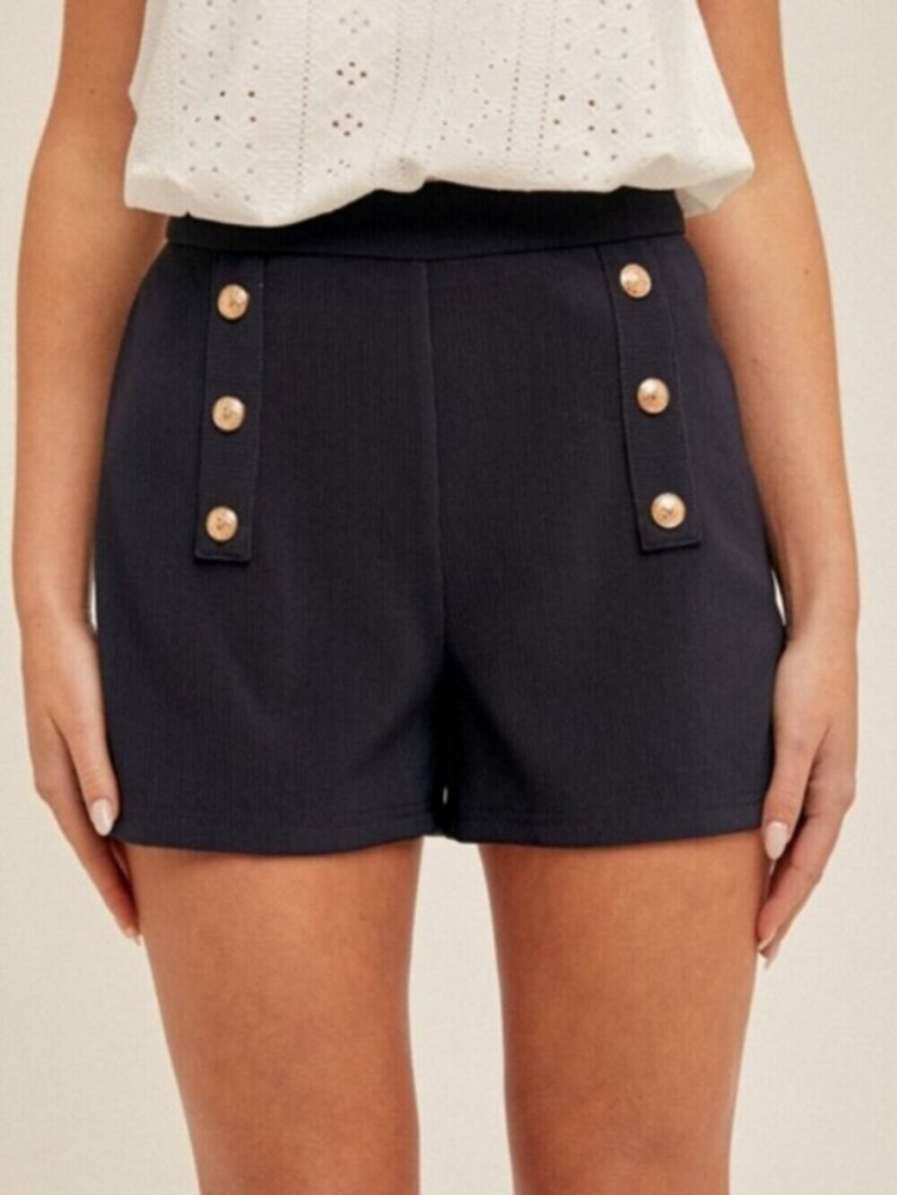 HEM & THREAD Flat Front Sailor Shorts With Gold Crest Buttons Navy NWT